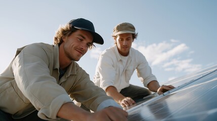 Couple installing solar panels on their small eco-home roof under bright sky — teamwork embracing renewable energy and self-sufficient living. cinematic color correction, natural uneven lighting