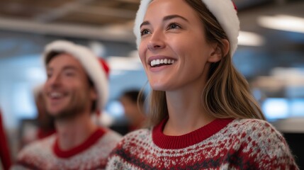 Coworkers wearing Christmas sweaters and Santa hats participating in a cheerful office Secret Santa gift exchange — a fun, authentic moment showcasing workplace bonding and the importance of