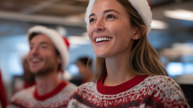Coworkers wearing Christmas sweaters and Santa hats participating in a cheerful office Secret Santa gift exchange — a fun, authentic moment showcasing workplace bonding and the importance of - Powered by Adobe