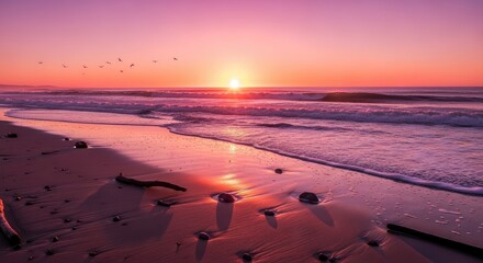 Beach scene with pink sky and ocean waves at sunset with birds flying
