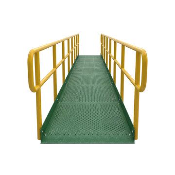 Green metal ramp with yellow safety handrails for accessibility or playground equipment access