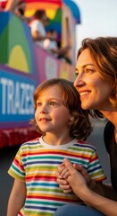 Fototapeta premium Woman and special needs kid gazing at a colorful parade float during World Autism Awareness Day. Support and inclusion for autistic child. Help and care for autistic people.