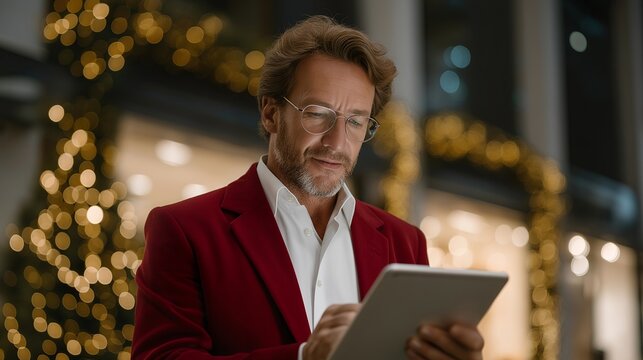 Santa wearing a sleek red blazer and glasses analyzing stock trends on tablet with Christmas lights in background — representing smart financial planning, year-end profit review, and festive