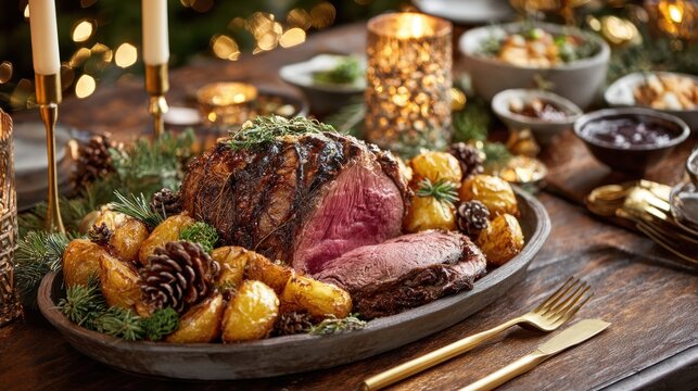 Festive roast beef dinner with potatoes and pine cones on a wooden table