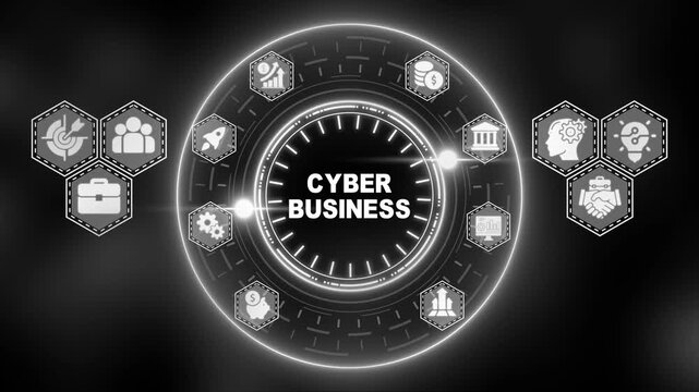 Futuristic Cyber Business Concept with Hexagonal Icons and Central Clock Interface on Dark Background - Powered by Adobe