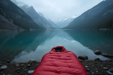 A sleeping bag laid out beside a calm mountain lake.