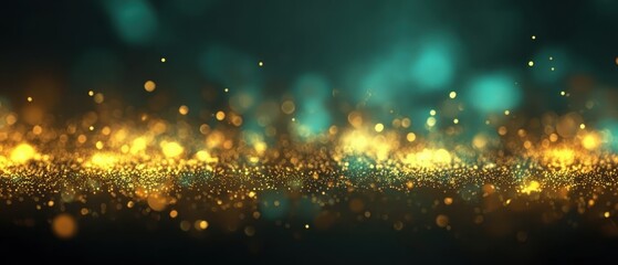 Obraz premium Teal and gold confetti background with bokeh effects, perfect for seasonal promotions, social media, and decorative content.