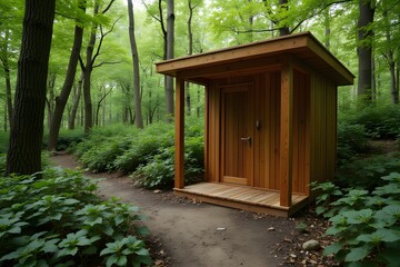 A simple wooden shower structure in a secluded forest clearing.