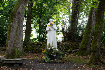A serene statue of Saint Vincent de Paul stands among trees at the Basilique Notre-Dame-de-Buglose. The statue holds sunflowers and is surrounded by lush greenery and colorful flowers.