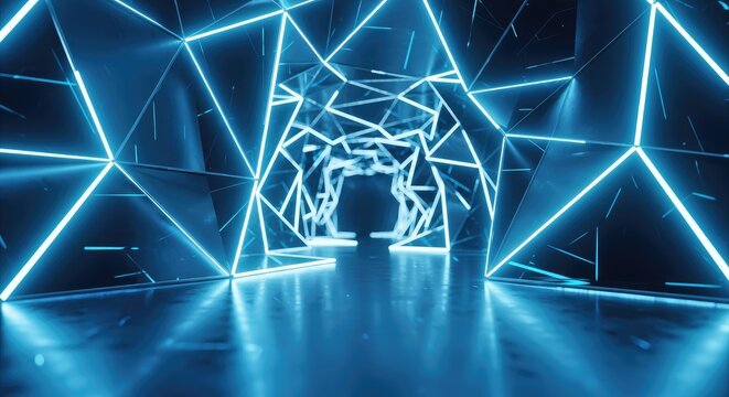 Illuminated tunnel with geometric shapes and a reflective blue floor