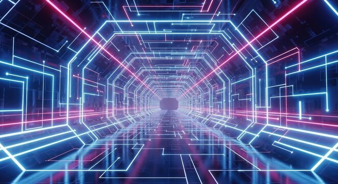 Futuristic tunnel with glowing lines in blue and pink neon illumination