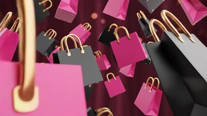 Pink and black shopping bags falling against a red curtain background for black friday sale promotion black friday sale - Powered by Adobe