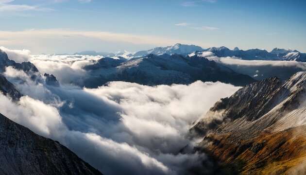 a view of a mountain range covered in clouds from above