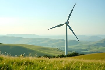 A rural wind turbine spinning above wide rolling meadows.