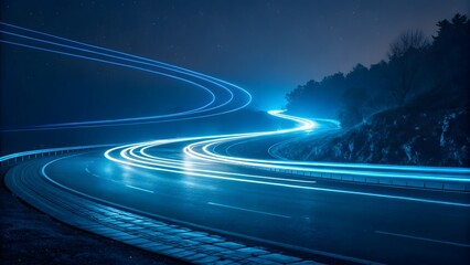 A winding road illuminated by streaks of vibrant blue light at night