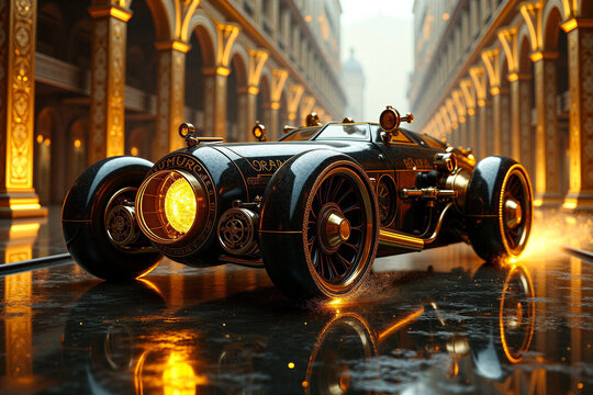 A futuristic steampunk car with glowing golden lights races through an ornate, illuminated corridor, blending retro mechanical design with advanced sci-fi aesthetics.