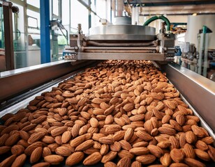 almonds being processed on a conveyor belt in a factory during day hours