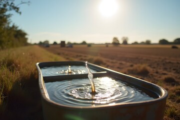 A livestock water trough filled beneath a bright sky.