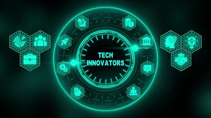 Glowing Teal Tech Innovators Concept with Hexagonal Icons and Central Clock Interface technology innovation - Powered by Adobe