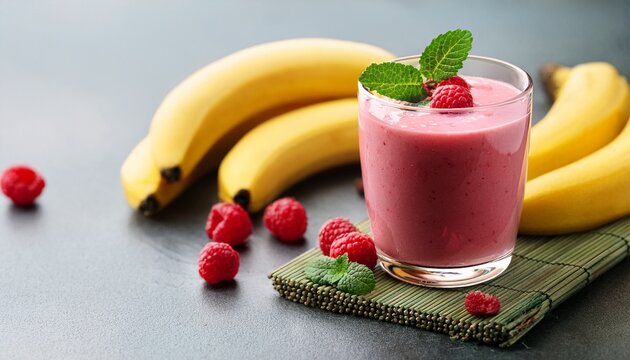 delicious smoothie with raspberries and bananas in a glass