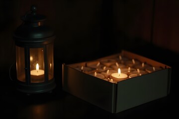 A box of clean candles beside a lantern in a dark cabin.