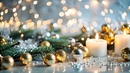 Festive holiday scene with glowing candles ornaments and winter greenery