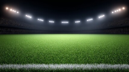 Soccer match under stadium floodlights lush green pitch sport environment dynamic viewpoint for spectators