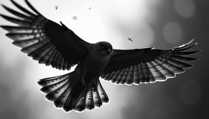 Naklejka premium Falcon in Flight with Scattered Feathers and Birds