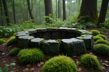 A stone well surrounded by moss in a dense forest clearing.