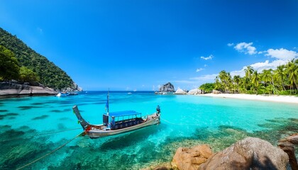 clear turquoise waters surround a small boat near a tropical beach with palm trees and rocky cliffs under a bright sky