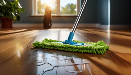 cleaning with microfiber mop on laminate floor with water puddle