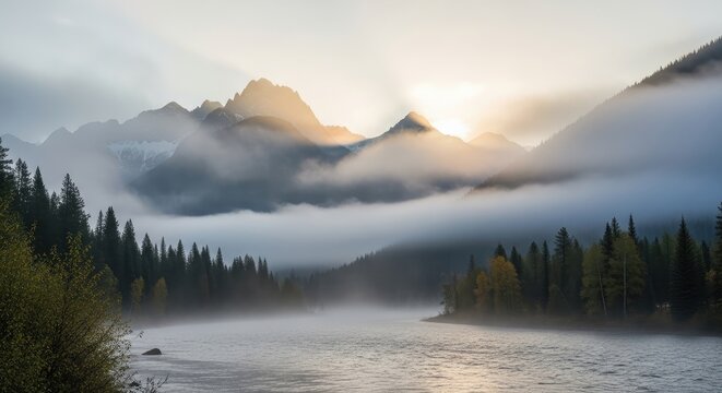 Misty river landscape with mountains and trees in the early morning