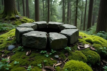 A stone well surrounded by moss in a dense forest clearing.