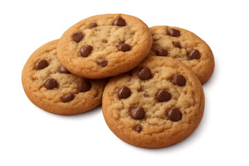 Chocolate chip cookies freshly baked, classic crunchy biscuit snack dessert with delicious chocolate chips, transparent background