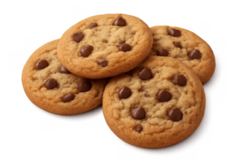 Chocolate chip cookies freshly baked, classic crunchy biscuit snack dessert with delicious chocolate chips, transparent background