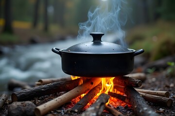 A cooking pot bubbling over firewood flames beside a stream.