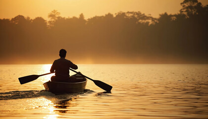 Man rowing boat on golden lake at sunrise