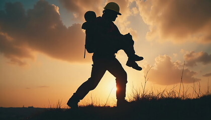 Person carrying another person against sunset