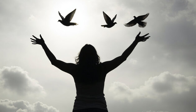 Person Releasing Birds into the Sky - Powered by Adobe