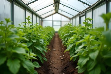 A small greenhouse full of growing herbs, wide-angle shot.