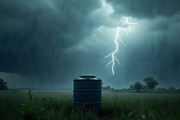 A water barrel catching rainfall under storm clouds.