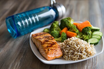 Healthy Grilled Salmon Meal with Vegetables and Water Bottle.