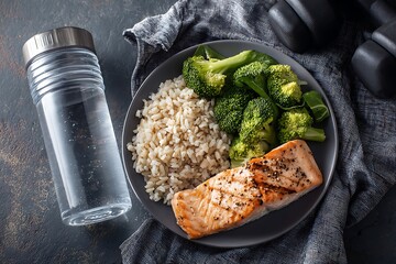 Healthy Meal with Salmon, Broccoli, and Brown Rice, Accompanied by a Water Bottle and Dumbbells.