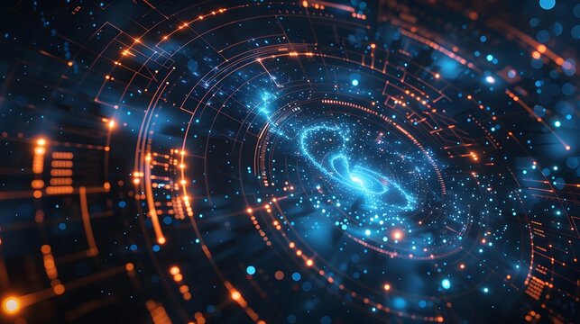 An ultra-detailed futuristic blueprint showing holographic schematics, neon circuits, layered diagrams, glowing digital grids, 3D tech forms, and orange lights pulsing like active system signals with