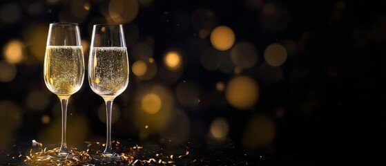 Sparkling wine glasses against gold bokeh background, perfect for celebrations, social media, and elegant events.