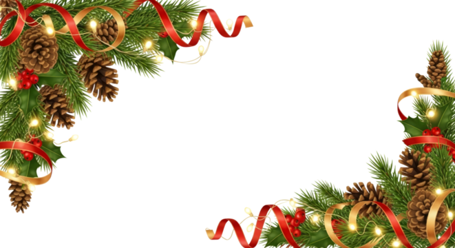 Christmas fir branches with pine cones and red ribbon isolated on a transparent background holly leaves