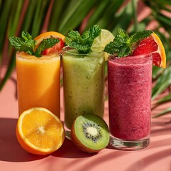 Refreshing Tropical Smoothies with Fresh Fruits and Mint.
