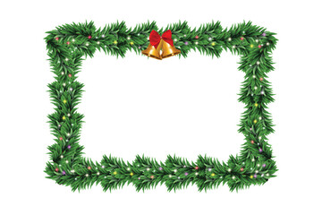 Christmas rectangular frame with bells, red ribbon and glowing Christmas lights. Christmas tree decoration. Holiday fir tree garland. vector illustration
