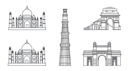 Famous Indian Architectural Landmarks Line Art Illustrations.