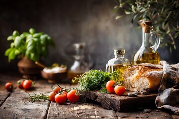 Rustic Italian Still Life with Fresh Ingredients and Olive Oil.